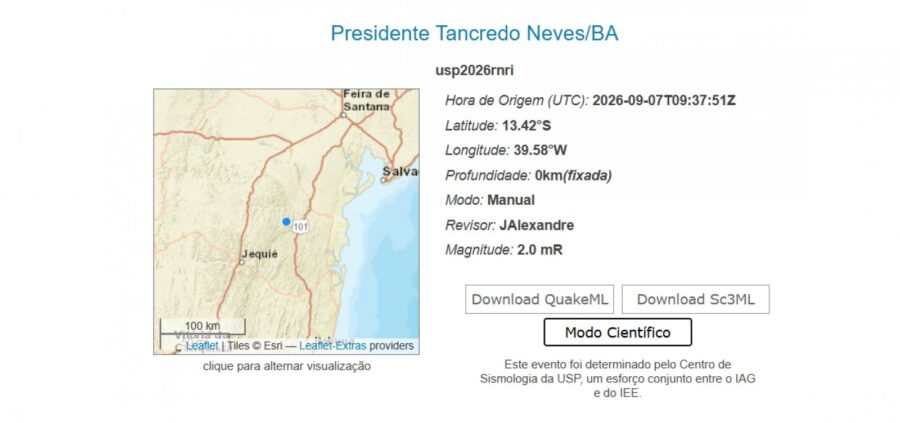 Cidade na Bahia registra tremor de baixa magnitude; saiba qual